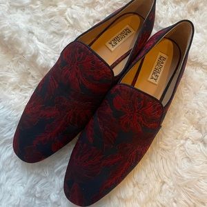 Badgley Mischka Blue and Red Brocade Loafers Size 8 1/2